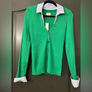 Maeve Green Ribbed Cardigan with Blue Striped Collar